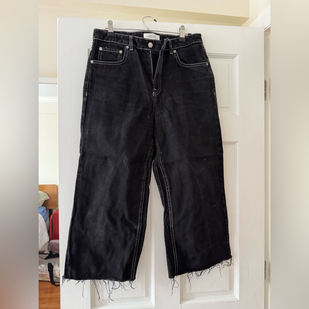 Zara Black Denim Trousers Contrast Stitch Size 8 — Straight Leg Clean Minimal